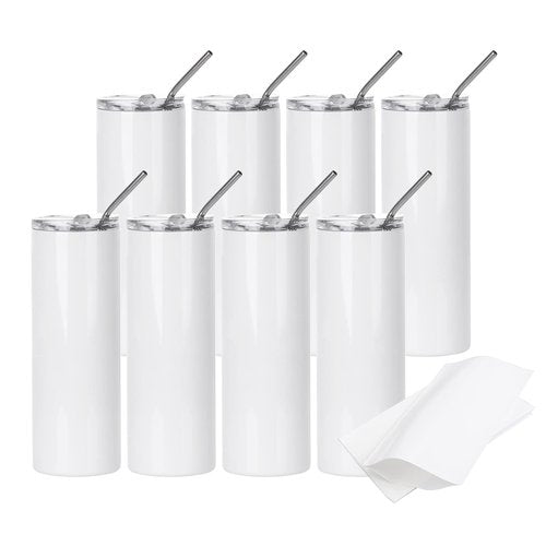 PYD Life 8 Pack Sublimation Tumblers Blanks 20 OZ Skinny White Straight Stainless Steel Cups with 10 PCS Shrink Wrap Film for Tumbler Press Machine Sublimation Oven Printing