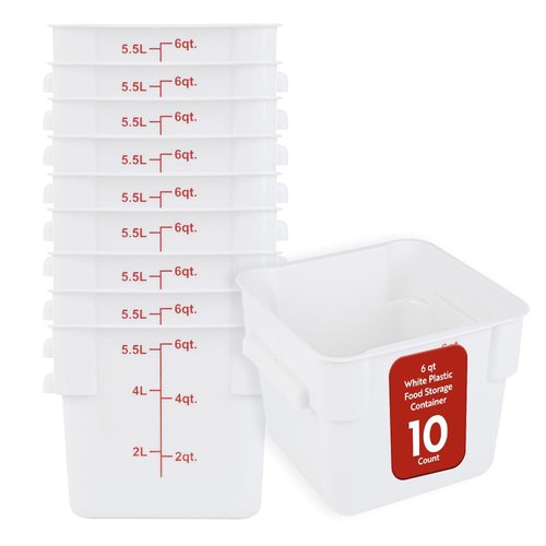 Restaurantware Food Storage Container 10 Pack of 6 qt Plastic Kitchen Storage Bin with Volume Markers Space-Efficient Design Dishwasher-Safe Polypropylene White