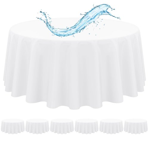 6 Pack White Round Tablecloth 120 Inch, White Tablecloths Waterproof Polyester Table Cloth for Round Tables, Stain and Wrinkle Resistant Washable Fabric Table Cover for Party Dining Wedding Banquet