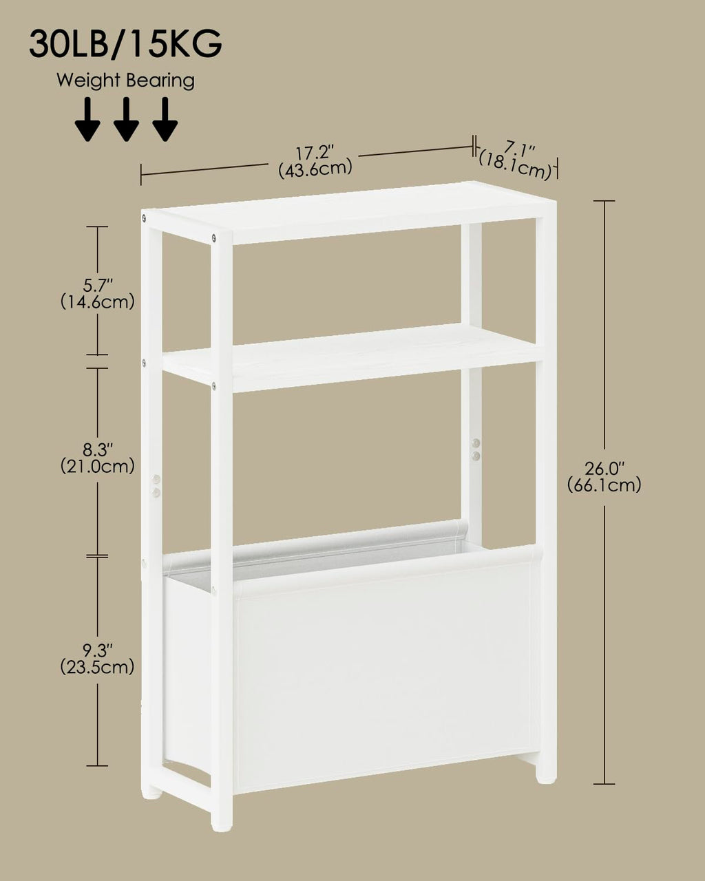 Apetaccat Narrow Side Table, 3-Tier Side Table with Storage Bag, Narrow Nightstand for Small Spaces, Bedside Table for Living Room, Bedroom, White