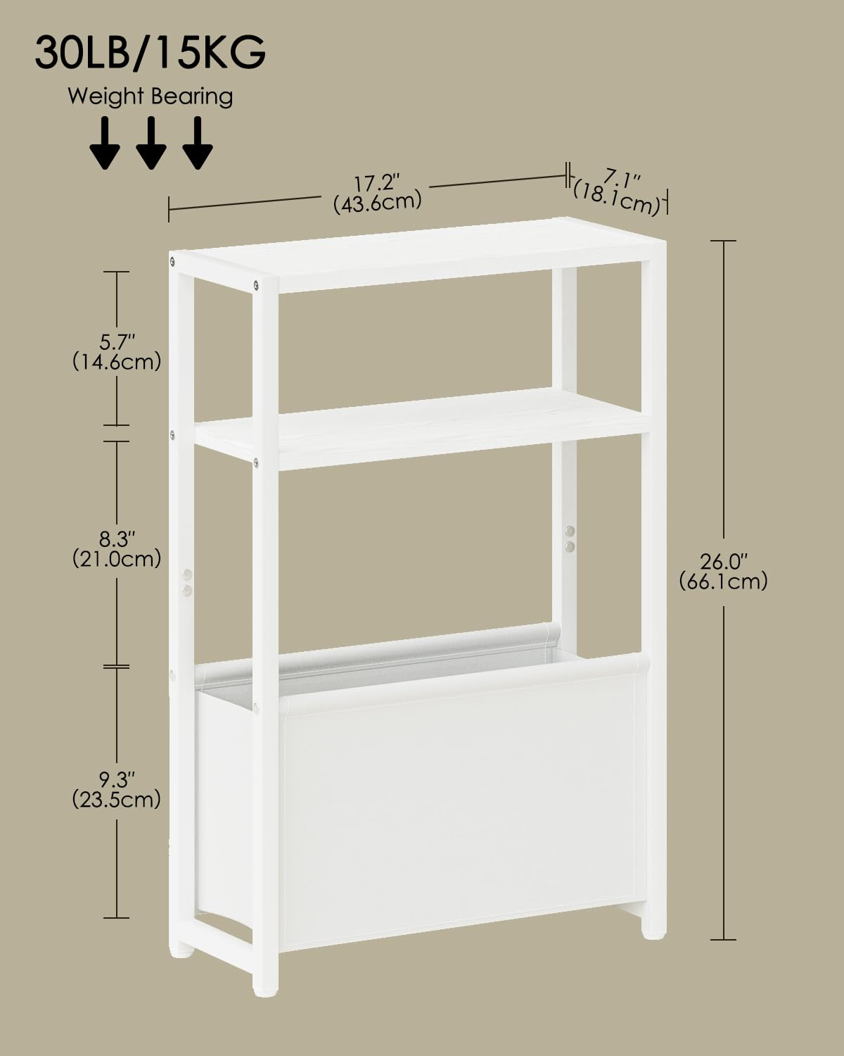 Apetaccat Narrow Side Table, 3-Tier Side Table with Storage Bag, Narrow Nightstand for Small Spaces, Bedside Table for Living Room, Bedroom, White