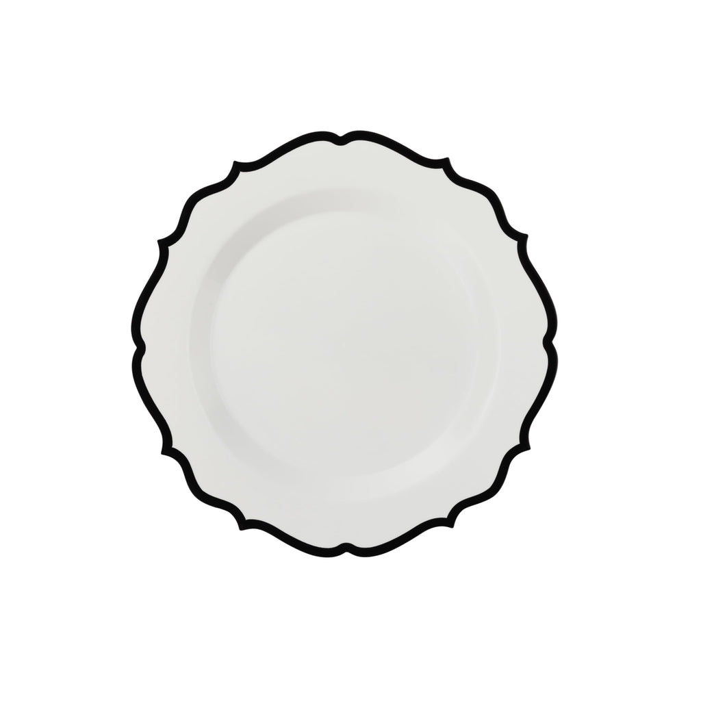 PLASTICPRO 128 Pack Elegant Disposable Plastic Plates Combo Set Bulk Pack Includes 64 Dinner Plates and 64 Salad Plates Heavy Duty Fancy Party Plates White with Black Contemporary Design