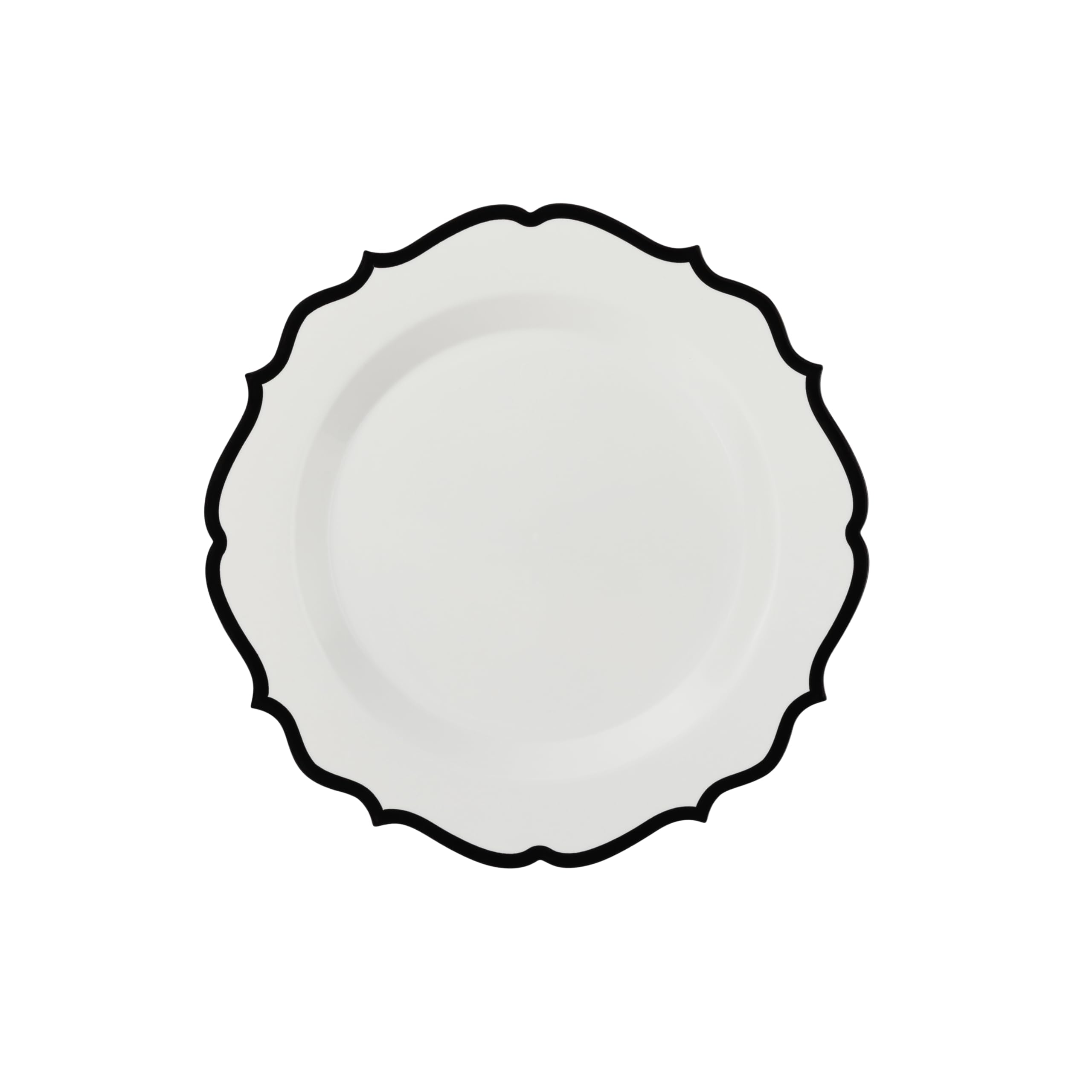 PLASTICPRO 128 Pack Elegant Disposable Plastic Plates Combo Set Bulk Pack Includes 64 Dinner Plates and 64 Salad Plates Heavy Duty Fancy Party Plates White with Black Contemporary Design
