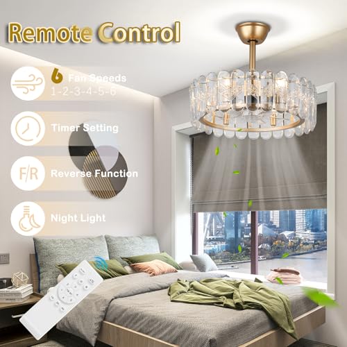 Finktonglan 20 Inch Gold Caged Ceiling Fan with Light, Crystal Chandelier Ceiling Fan with Lights Remote Control, Modern Crystal Fandelier 6 Speeds for Dining Room, Living Room