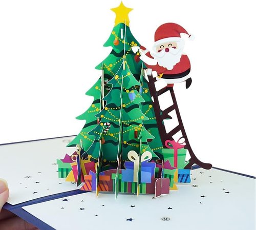 3D Christmas Tree Pop-Up Card | Merry Christmas Design with Santa Claus | Includes Envelope & Message Note
