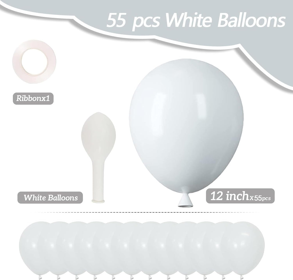 White Latex Balloons - 55pcs 12-Inch White Balloons with Ribbon for Celebrations & Events