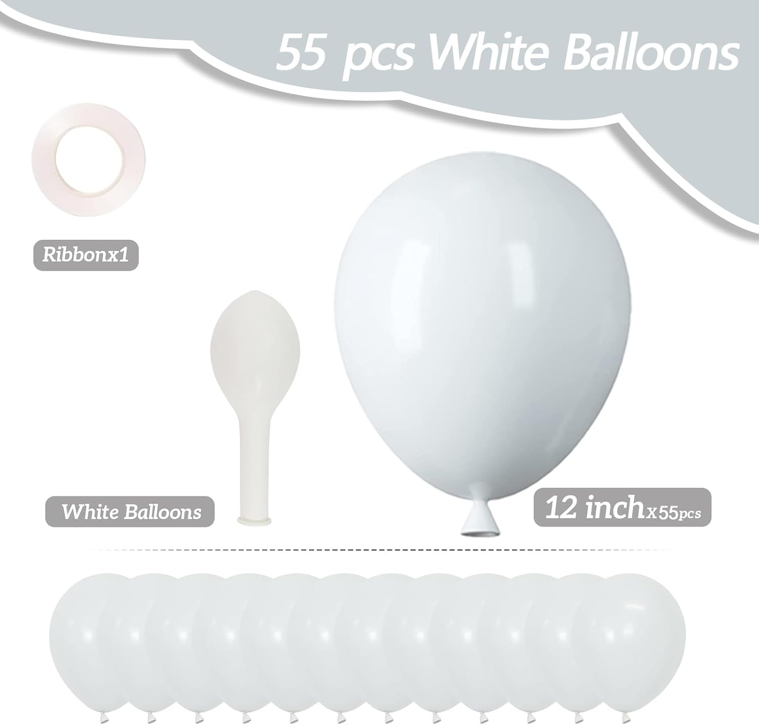 White Latex Balloons - 55pcs 12-Inch White Balloons with Ribbon for Celebrations & Events