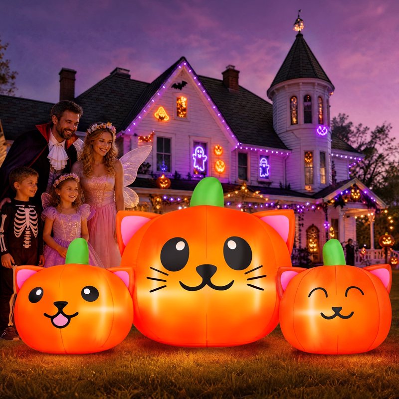 Halloween Inflatable Pumpkin Cat Yard Decoration with Lights - 6.2ft
