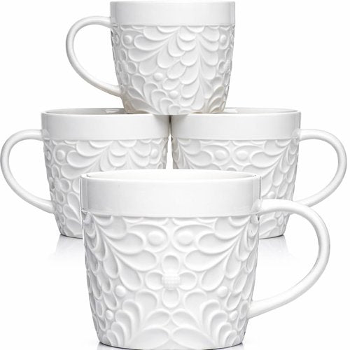 25DOL 16 oz Ceramic Coffee Mugs Set of 4 – Embossed Nature-Inspired Design, Comfortable Grip Handle – Large Latte & Tea Cups, Modern Farmhouse Style – Microwave & Dishwasher Safe