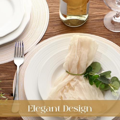 Geosar 100 Pcs Disposable Paper Placemats Cotton Woven Look 13'' Round Placemats Rustic Disposable Table Pads Bulk for Dining Table Decoration Birthday Wedding Bridal Baby Shower Party(Beige)