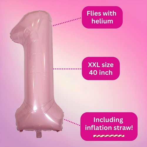 DIWULI 40-Inch Pastel Pink Number 1 Balloon - Large Foil Balloon for 1st Birthday Party Decorations