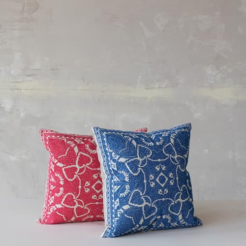 Creative Co-Op, Pink Cotton Pillow with Embroidered Design and Chambray Back, Natural
