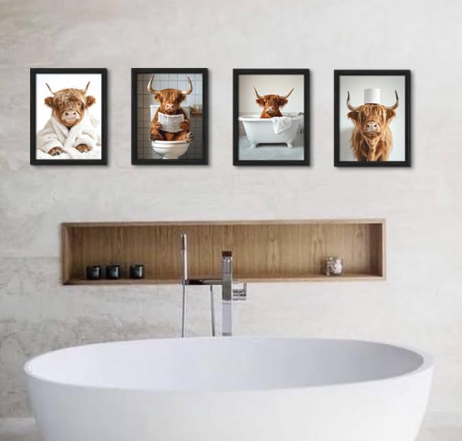 ZXDZSM Highland Cow Wall Art - Funny Bathroom Decor Canvas Prints | Unframed 8x10 Inch, Set of 4