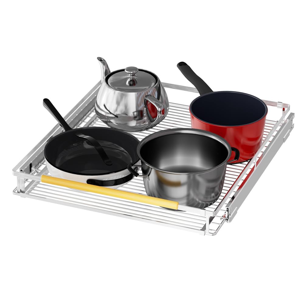 SANNO Chrome Expandable Pull Out Kitchen Cabinet Organizer, 14"-25" Width, 22.24" Depth, 2.7" Height, 2 Shelves, Modern Style, Bottom-Mounted, Easy Install, Kitchen Use
