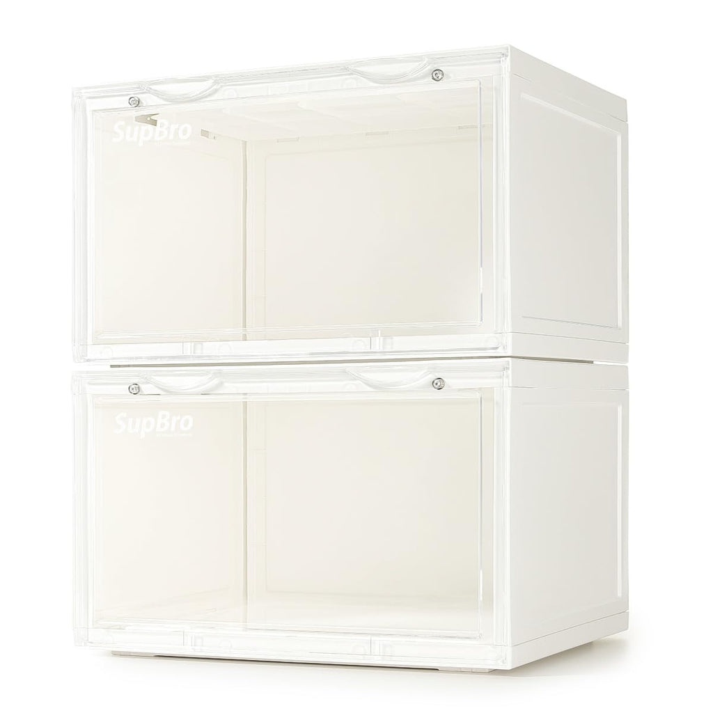 SupBro Collection Crate - Easy Access Storage Shoes Box -Plastic Foldable Stackable Sneaker Display Storage with Clear Side Open Door Organizer-2 Pack(White)