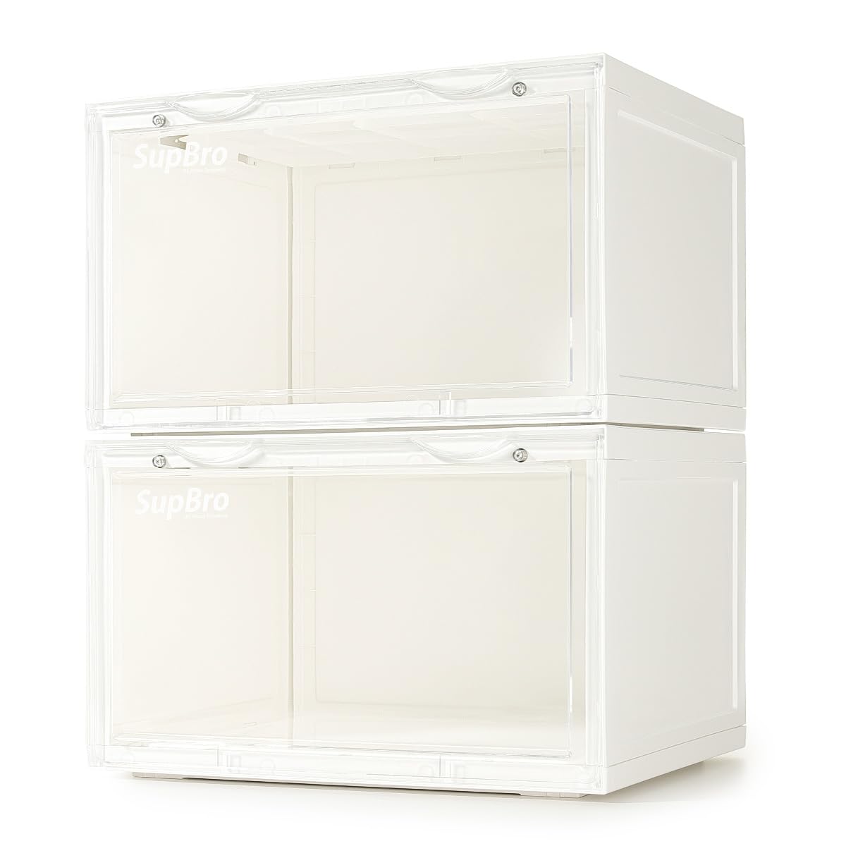 SupBro Collection Crate - Easy Access Storage Shoes Box -Plastic Foldable Stackable Sneaker Display Storage with Clear Side Open Door Organizer-2 Pack(White)