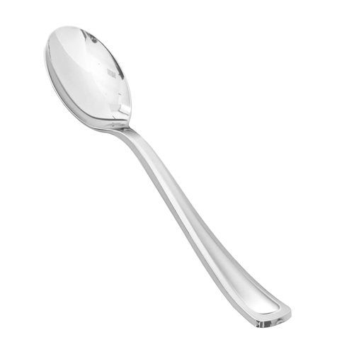 BESTVIP 50 Pack 6.9 Inch Silver Plastic Spoons, Heavy Duty Plastic Silverware, Heavyweight Silver Disposable Spoons, Disposable Serving Utensils for Catering, Parties, Dinners, Weddings, Christmas