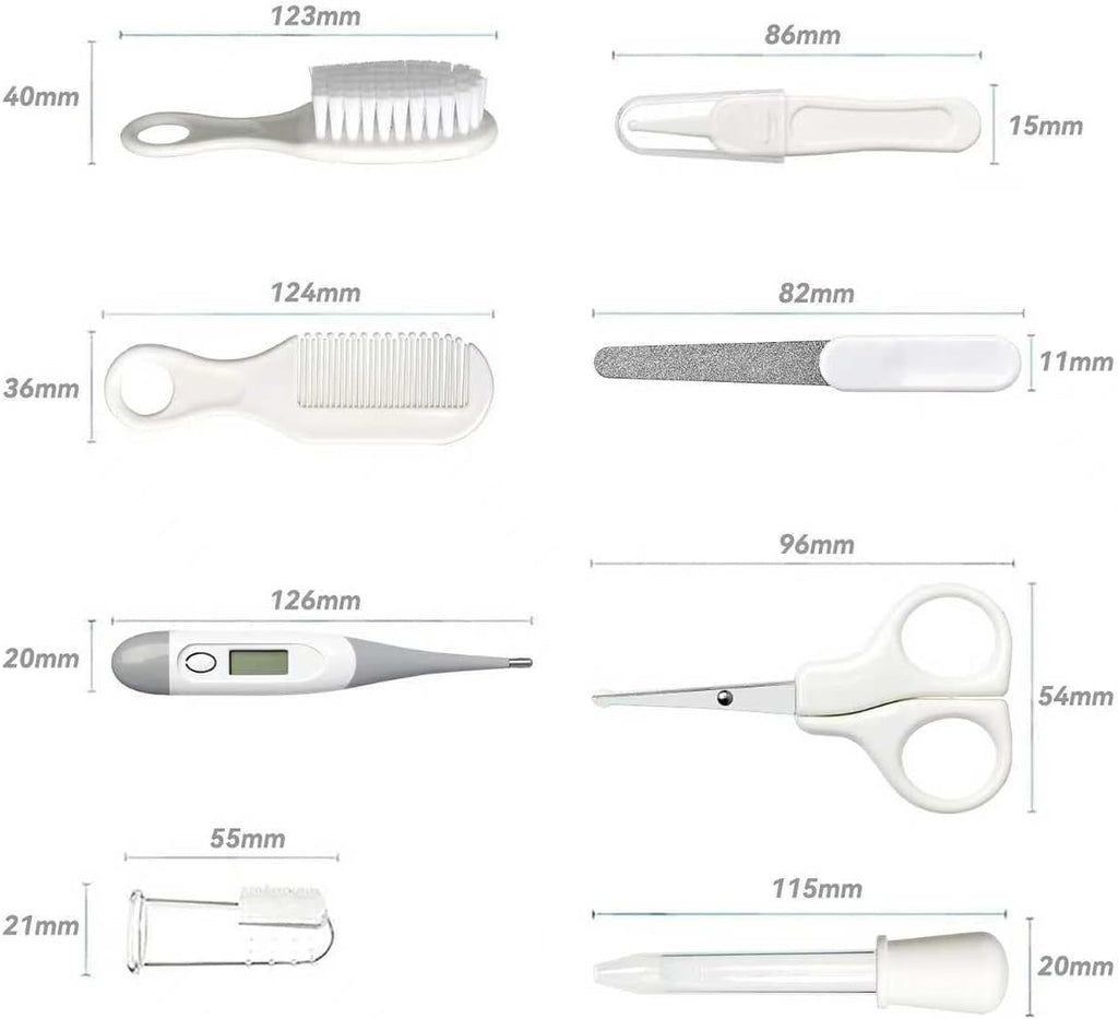 Skiennix Baby Grooming Kit - Infant Safety Care Set with Hair Brush, Nail Clipper & Nasal Aspirator | Grey & White