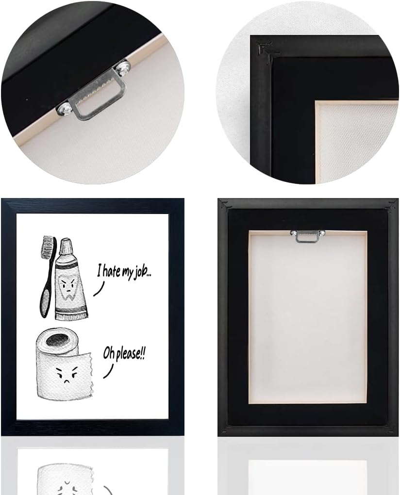 Regine Switzerland Kids Bathroom Wall Decor - Framed Black and White Print with Funny Toilet Paper & Toothbrush Artwork