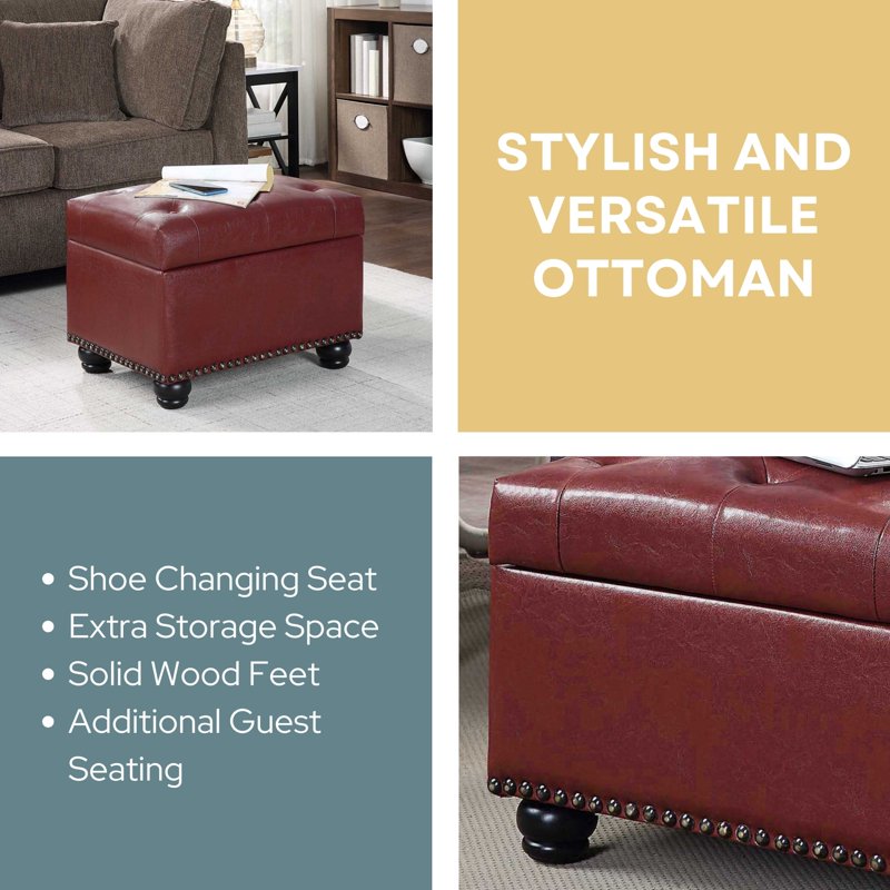 Storage Ottoman with Button-Tufted Top - Burgundy Faux Leather