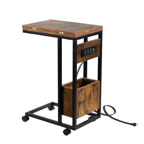Hadulcet C Shaped End Table with Charging Station & Foldable Tabletop, Folding TV Tray Table with Storage, Laptop Table for Couch, C Table for Sofa, Living Room Bedroom Small Spaces, Rustic Brown