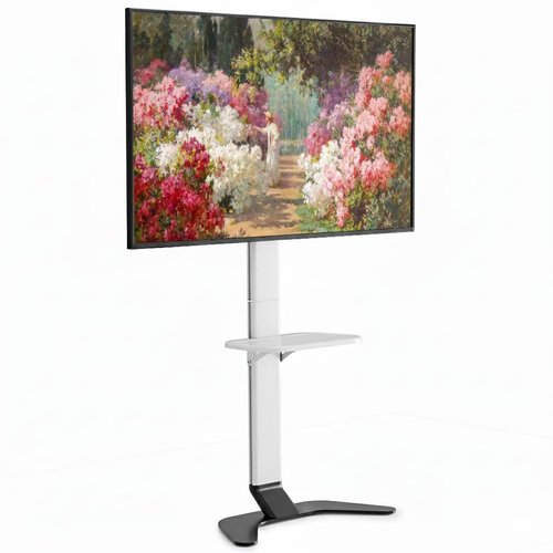 ECOTINY Ultra Slim Floor TV Stand for 37–86 Inch TVs, Modern Curved Base with Shelf, Adjustable Height & Tilt, Space-Saving Design with Cable Management, Fits VESA 600x400mm, White