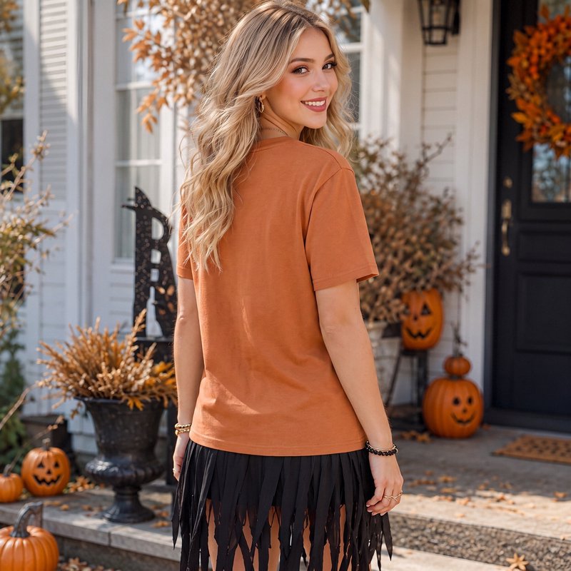 Women's Halloween Pumpkin Graphic T-Shirt - Brown XL Casual Fall Top
