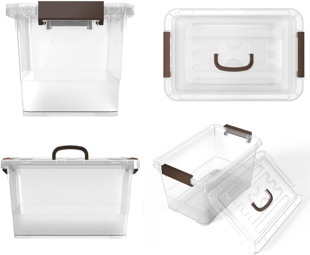WYT 7 Quart Clear Storage Bins - Stackable Plastic Latch Boxes with Brown Handle | 6-Pack