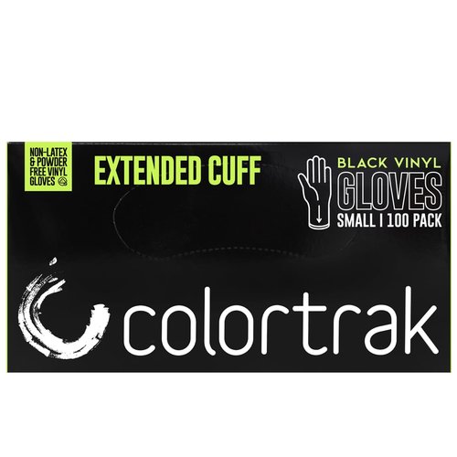 Colortrak Black Vinyl Gloves, Extra Length Disposable Latex-Free & Powder-Free Extended Cuff Hair Color Gloves for Chemical Processing & Salon Services, 100 Count, Medium