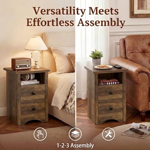 YESHOMY Nightstand Set of 2, Farmhouse Night Stand with 2 Storage Drawers and Open Shelf, Bedside Tables for Bedroom Small Space, Rustic Brown