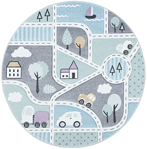 SAFAVIEH Carousel Kids Collection 4' Round Grey/Light Blue CRK193F Neighborhood Non-Shedding Nursery Playroom Area Rug