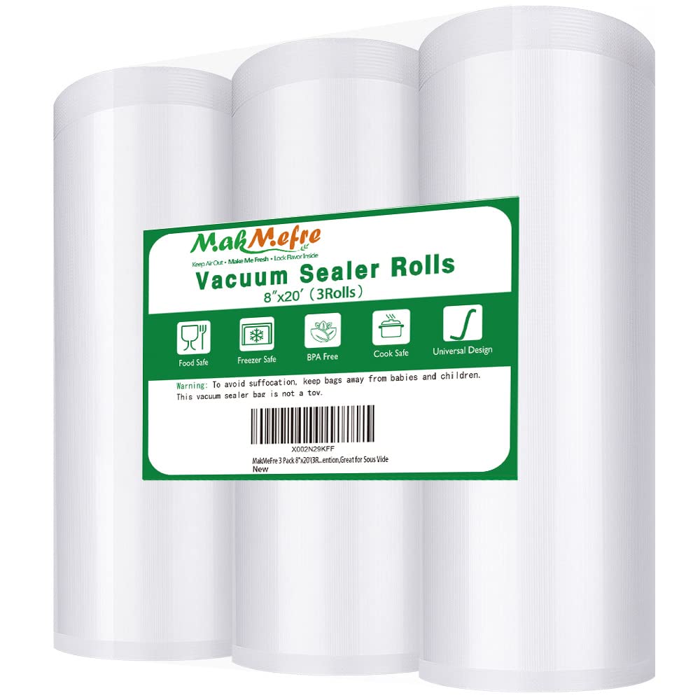 MakMeFre 3 Pack 8"x20'(3Rolls) Vacuum Sealer Bags Rolls for Food,Commercial Grade, BPA Free,Puncture Prevention,Great for Sous Vide Cooking
