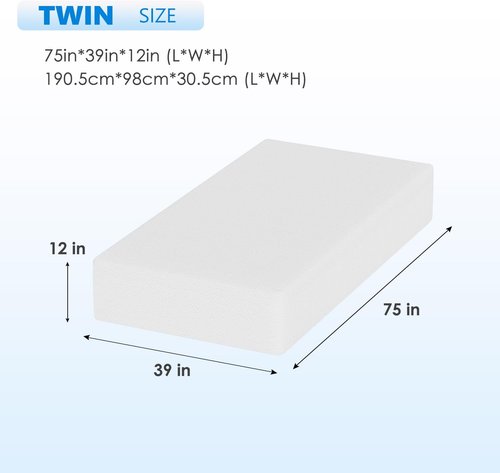 FDW 12-Inch Green Tea Cooling Gel Memory Foam Mattress - Medium-Firm Pressure Relief | Twin Size, CertiPUR-US Certified