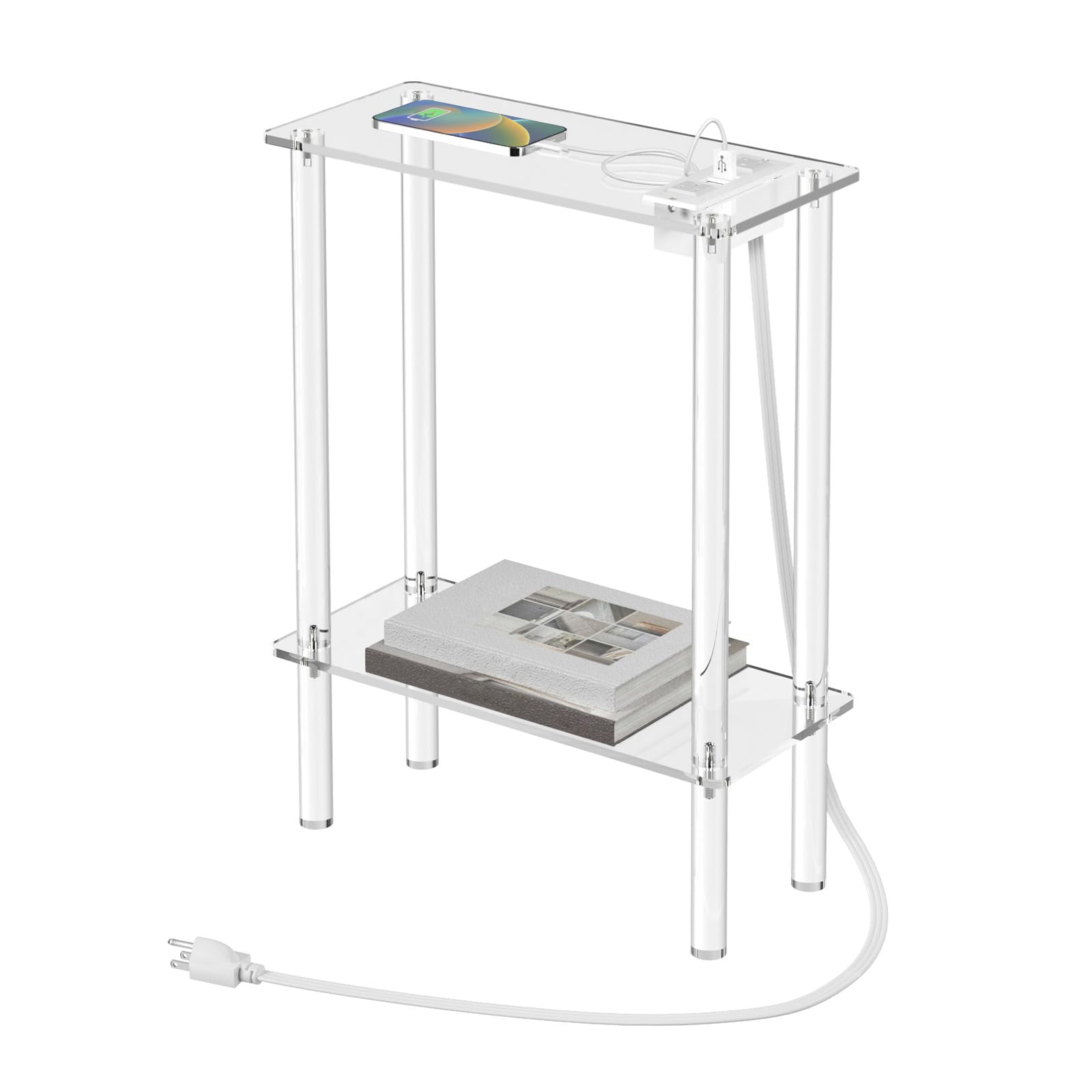 HMYHUM Acrylic Narrow Side Table with Charging Station, 7" Width, 2 Tier Small End Table for Small Spaces, Skinny Nightstand/Bedside Table with USB Ports & Outlet, Clear