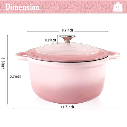 3 Quart Cast Iron Dutch Oven Pot with Lid, Dual Handles Enameled Soup Pot, Heavy Duty and Oven Safe for Bread Baking, Braising, Cooking and Family Gifts, Pink