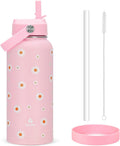 Skiennix Pink Daisy Water Bottle - 32oz Insulated with Flip Straw & Handle | Leak-Proof Stainless Steel Gift for Women & Teens