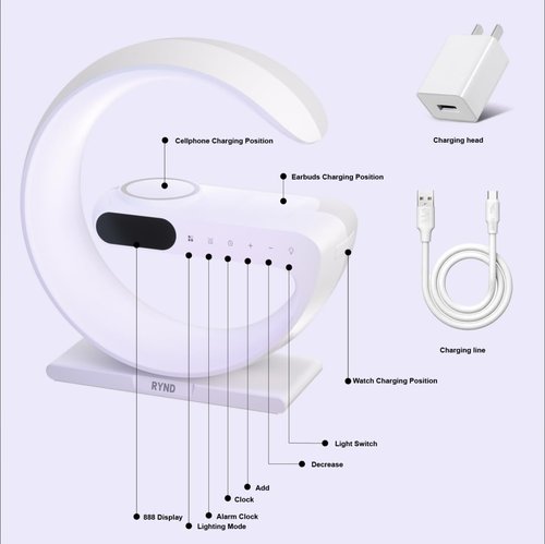 RYND 2026 Magnetic 5 in 1 Speaker Alarm Clock with Wireless Charger, Bedside Lamp with Adjustable Night Light, Gift for Family/Friends(White)