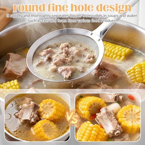 Fat Skimmer Spoon Filter Grease Foam Fine Mesh Stainless Steel Sieve Colander, Fry Oil Filter for Cooking Extra Fine Strainer with Handle Handheld Sieve Spoon for Food Strainer Kitchen Gadget (Medium)
