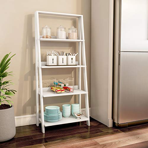 4-Tier Ladder Bookshelf - Freestanding Shelved Bookcase with X-Back Frame and Leaning Look - Display Shelves for Home or Office by Lavish Home (White)