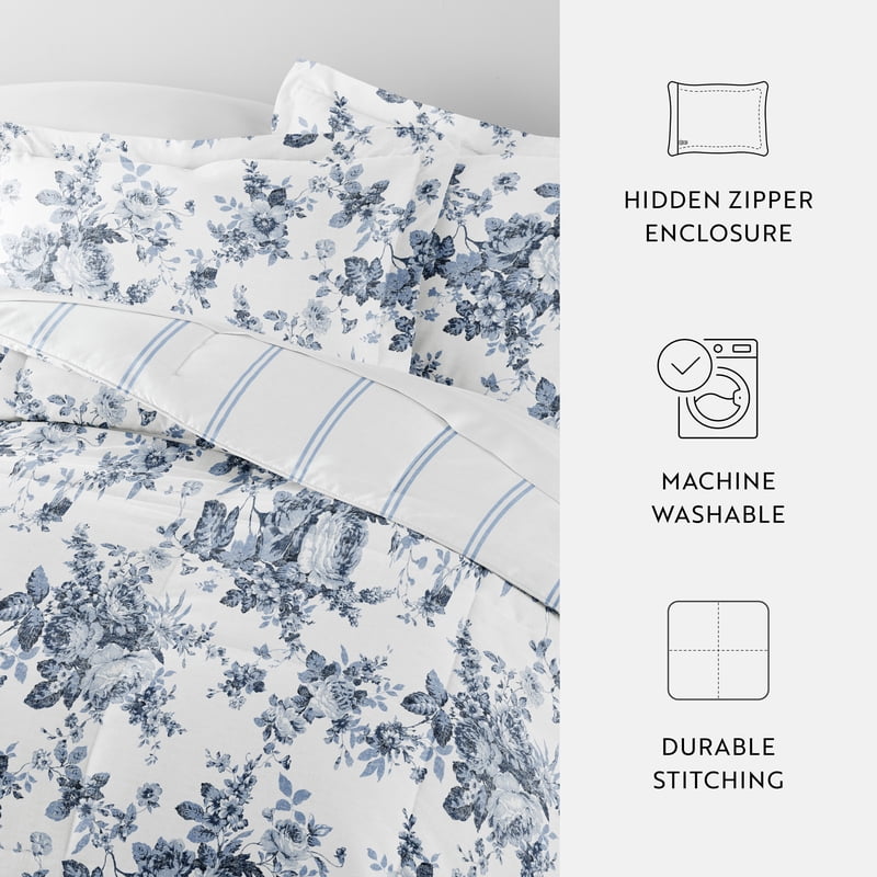 Full/Queen Reversible Comforter Set with Cabbage Rose Stripe - Stone
