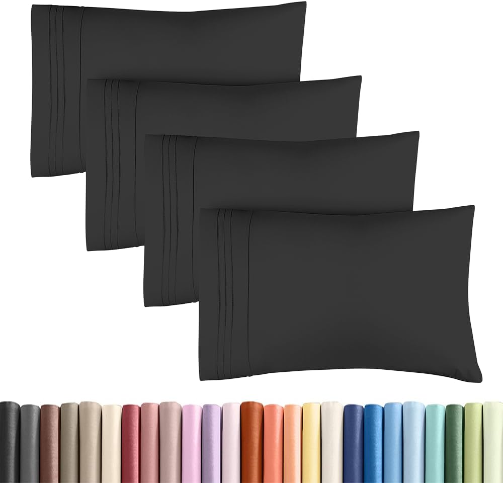 Skiennix Standard Pillow Cases Set of 4 | Ultra Soft Hotel Quality Covers - Machine Washable Black