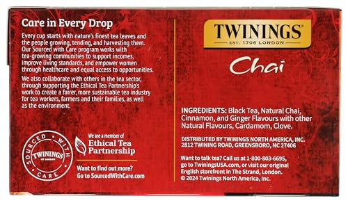 Twinings Chai Black Tea Individually Wrapped Bags, Sweet, Savoury Spices, Caffeinated, Enjoy Hot or Iced - 50 Count