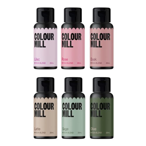 Colour Mill Botanical Pack Aqua Blend - Water-Based Food Coloring Set | 20ml in Dusk, Latte, Lilac, Olive, Rose & Sage