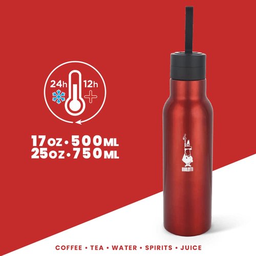 Bialetti - Stainless-steel Water Bottle 25oz: Double-Layered Vacuum Insulated, Keeps Drink Cold for 24 Hours and Hot for 12 Hours, Red