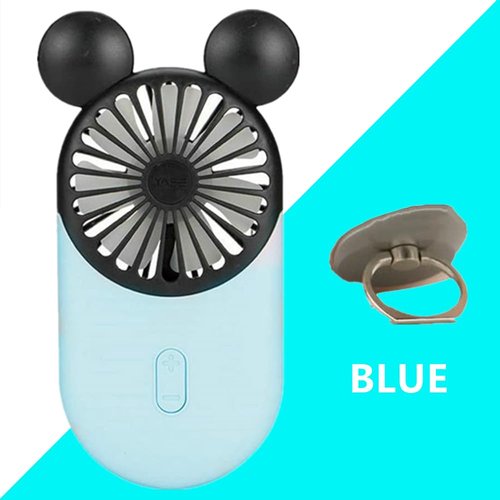 Generic Cute Mouse Personal Mini Fan, Handheld USB Rechargeable Fan with Pretty LED Light, 3 Adjustable Speeds with Portable Holder, for Indoor Or Outdoor Park School, Blue