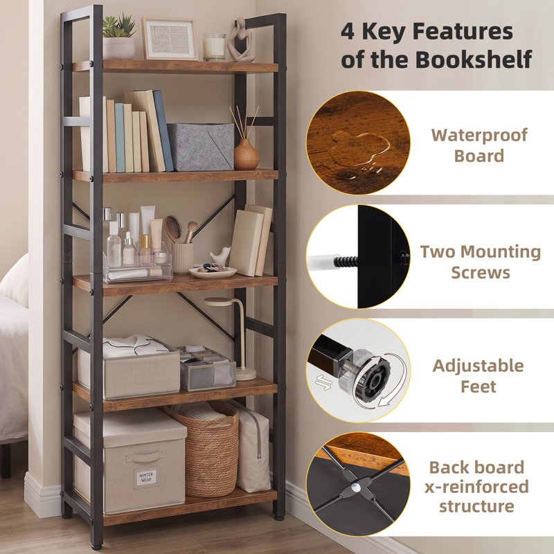 5 Tier Bookshelf - Modern Bookcase Storage Organizer