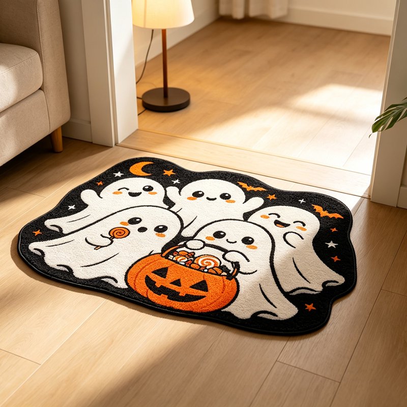Halloween Door Mat with Ghost Pattern - Irregular Shaped Non Slip Absorbent Welcome Mat - Multicolor