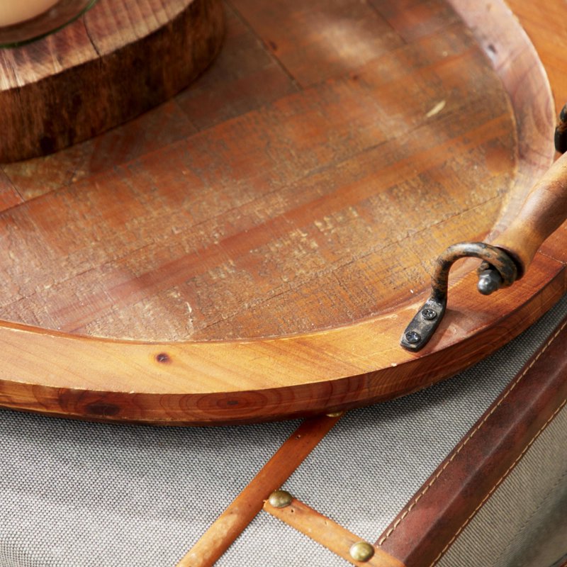 Large Oval Brown Wood Tray with Scroll Metal Handles - 29 x 19 Inches
