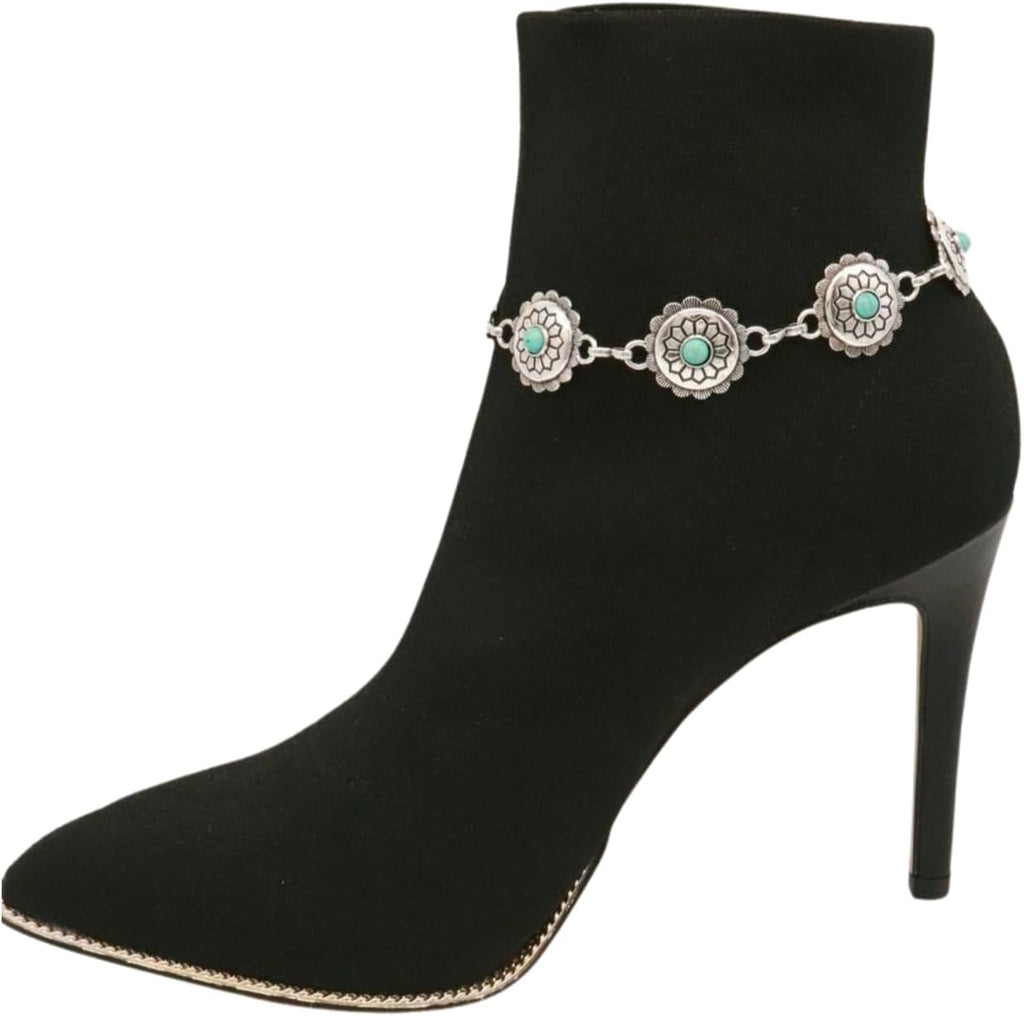 TrendyFashionJewelry Women's Western Boot Bracelet - Silver Chain Anklet with Turquoise Beads & Flower Charms