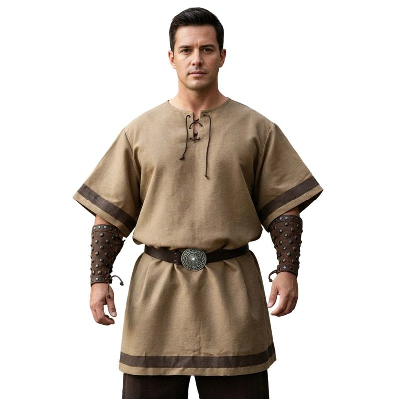 Men's Medieval Knight Viking Surcoat Costume Short Sleeve Lace-Up Top Khaki S - Halloween Cosplay
